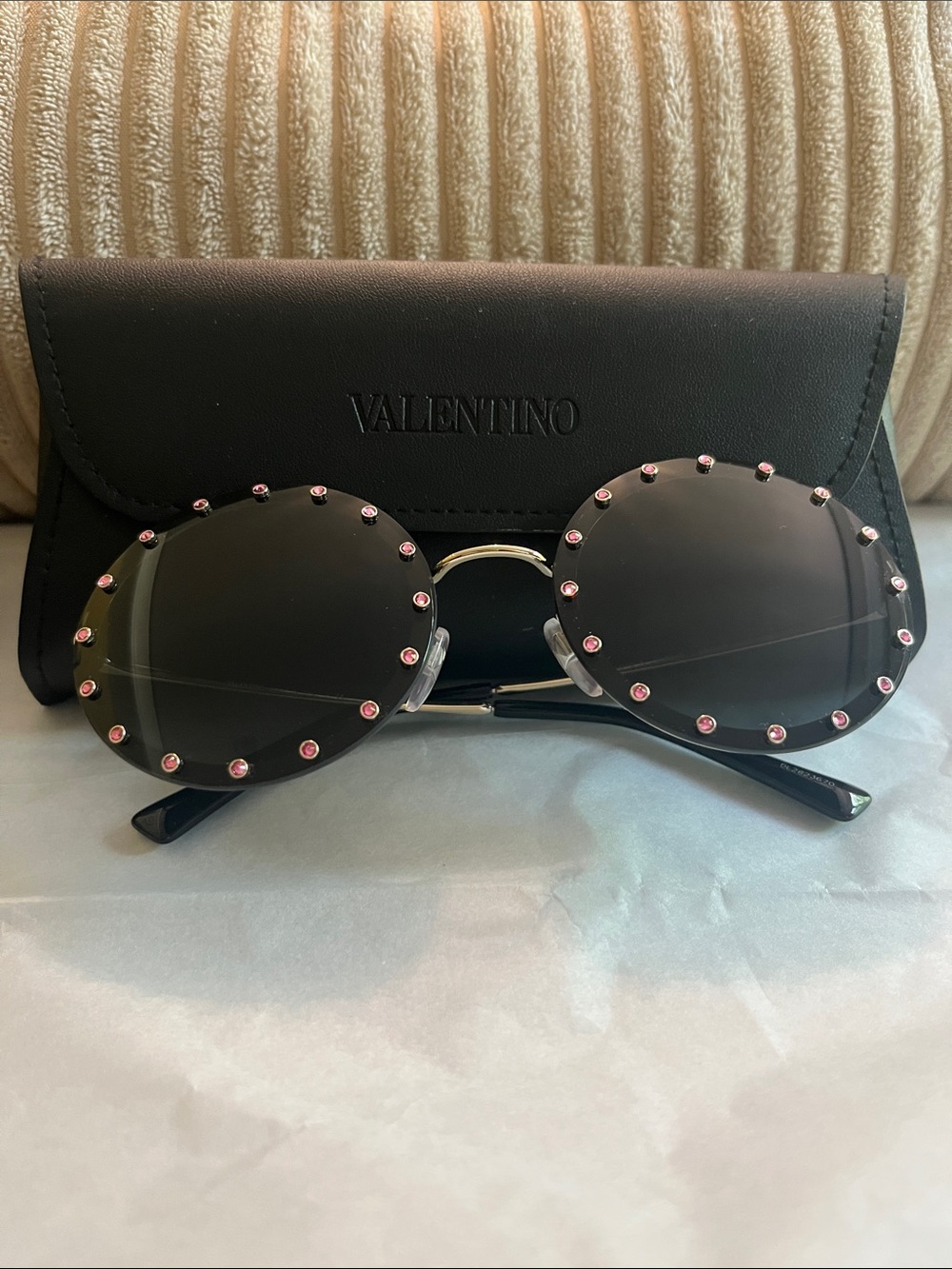 Valentino Black Round Sunglasses with Pink Crystal Studs & Gold Hardware
